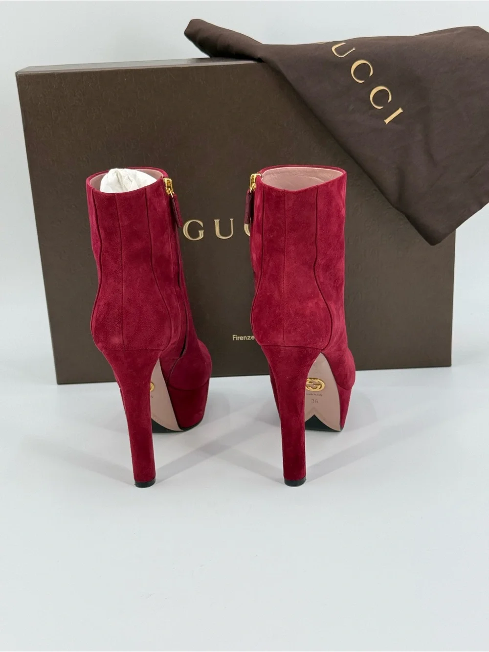 Gucci Kid Scamosciato Burgundy Suede Platform Ankle Boots Heels Zip Luxury SZ 6